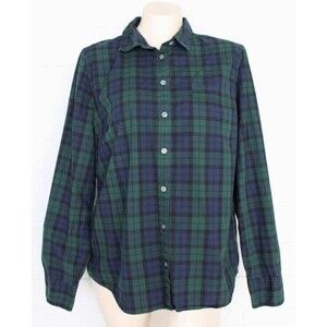J.Crew Re-Imagined Large Green Navy Tartan Plaid Long Sleeve Button Front Top